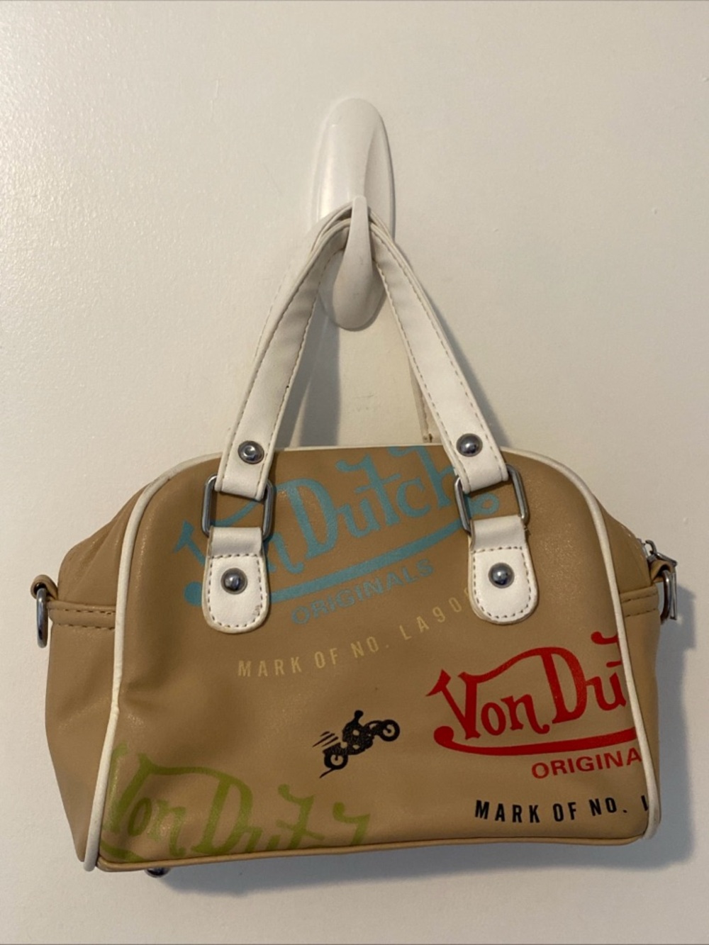 Von Dutch Mini Bowling Purse Tan Graffiti Print with White Handles W/ Strap